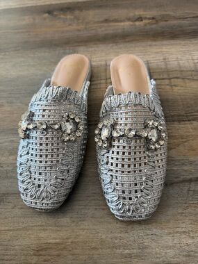 Silver Exe Crystal-Embellished Woven Slip-On Mules